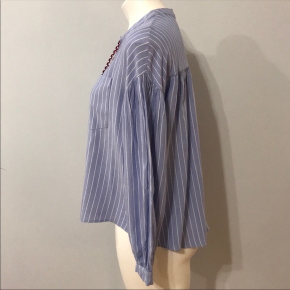 Blue Pinstripe Boho Blouse with Tie - Picture 3 of 8
